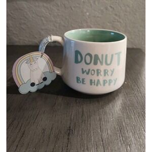Whimsical Cupboard Donut Worry Be Happy Mug Coffee Cup Donut Inside White Seafoa
